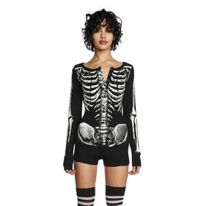 Trickz N' Treatz Rib By Rib Long Sleeve Black Shorts Romper Medium